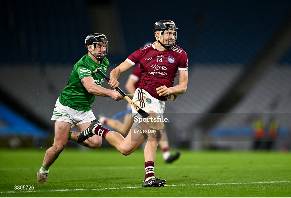 6 December 2025; Jack O’Connor of St Martin’s in action against Ronan Corcoran of Shamrocks Ballyhale during the AIB Leinster GAA Hurling Senior Club Championship final match between St Martin's of Wexford and Shamrocks Ballyhale of Kilkenny at Croke Park in Dublin. Photo by Seb Daly/Sportsfile