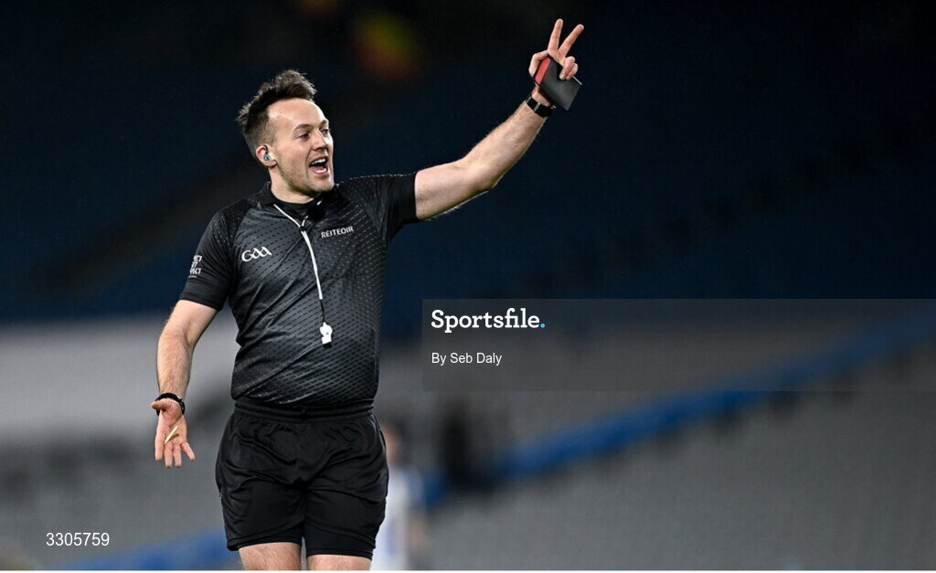 6 December 2025; Referee Alan Coyne during the AIB Leinster GAA Football Senior Club Championship final match between Athy of Kildare and Ballyboden St Enda's  of Dublin at Croke Park in Dublin. Photo by Seb Daly/Sportsfile