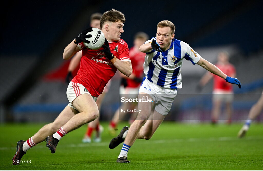6 December 2025; Colm Moran of Athy in action against Brian Bobbett of Ballyboden St Enda’s during the AIB Leinster GAA Football Senior Club Championship final match between Athy of Kildare and Ballyboden St Enda's  of Dublin at Croke Park in Dublin. Photo by Seb Daly/Sportsfile