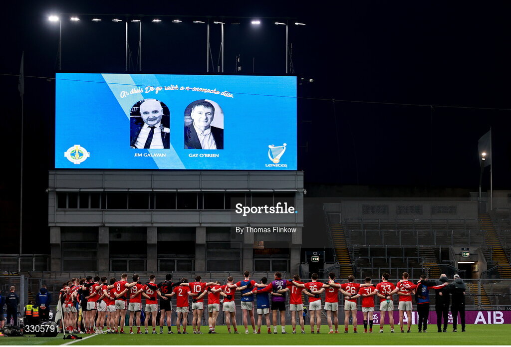 6 December 2025; The Athy team stands for a minute's silence during the AIB Leinster GAA Football Senior Club Championship final match between Athy of Kildare and Ballyboden St Enda's of Dublin at Croke Park in Dublin. Photo by Thomas Flinkow/Sportsfile