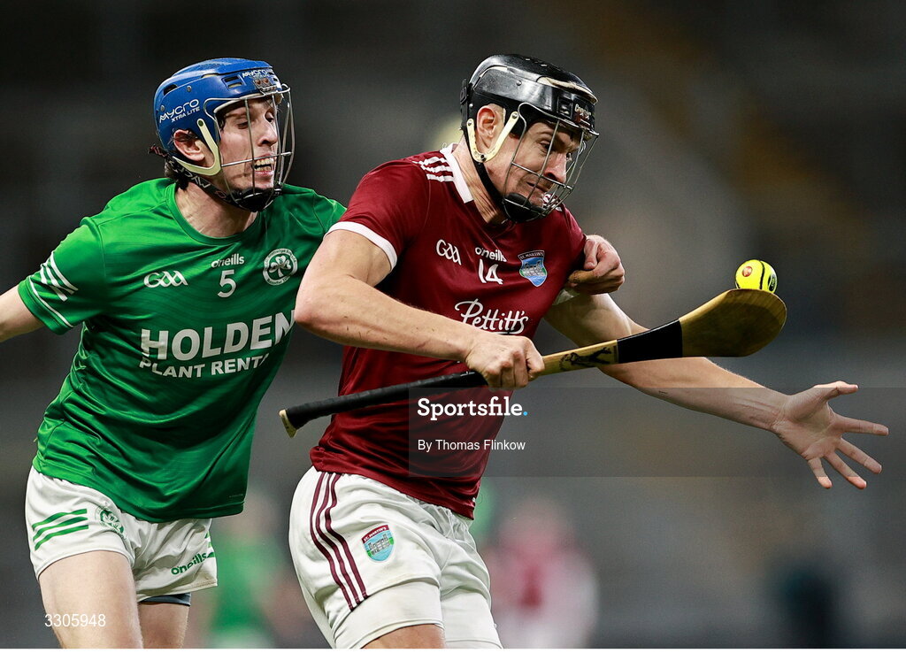 6 December 2025; Jack O’Connor of St Martin’s is tackled by Eoin Kenneally of Shamrocks Ballyhale during the AIB Leinster GAA Hurling Senior Club Championship final match between St Martin's of Wexford and Shamrocks Ballyhale of Kilkenny at Croke Park in Dublin. Photo by Thomas Flinkow/Sportsfile