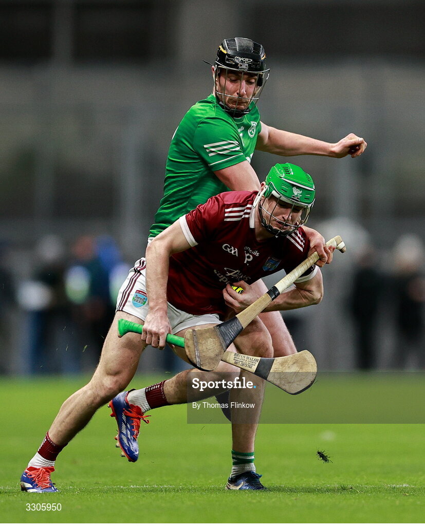 6 December 2025; Jake Firman of St Martin’s is tackled by Darragh Corcoran of Shamrocks Ballyhale during the AIB Leinster GAA Hurling Senior Club Championship final match between St Martin's of Wexford and Shamrocks Ballyhale of Kilkenny at Croke Park in Dublin. Photo by Thomas Flinkow/Sportsfile