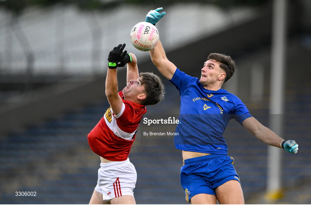 7 December 2025; Brian O'Connor of Dingle and Brian Hayes of St Finbarr's contest a kickout during the AIB Munster GAA Football Senior Club Championship final match between Dingle and St Finbarr's at FBD Semple Stadium in Thurles, Tipperary. Photo by Brendan Moran/Sportsfile