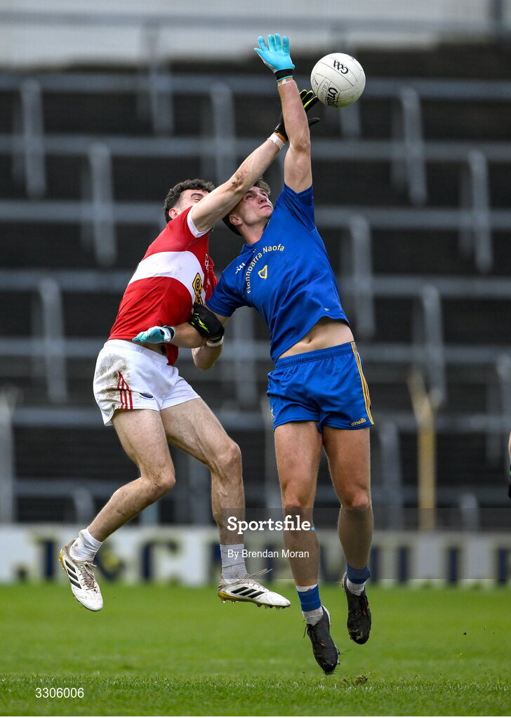 7 December 2025; Mark O'Connor of Dingle and Brian Hayes of St Finbarr's contest a kickout during the AIB Munster GAA Football Senior Club Championship final match between Dingle and St Finbarr's at FBD Semple Stadium in Thurles, Tipperary. Photo by Brendan Moran/Sportsfile