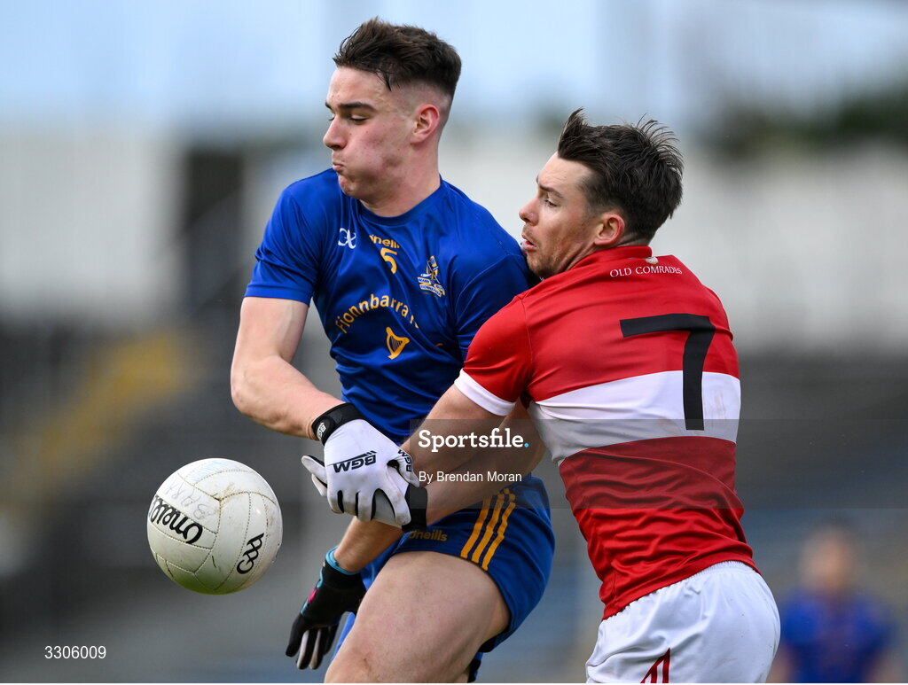 7 December 2025; Patrick O'Connor of Dingle, right, tackles Rickey Barrett of St Finbarr's during the AIB Munster GAA Football Senior Club Championship final match between Dingle and St Finbarr's at FBD Semple Stadium in Thurles, Tipperary. Photo by Brendan Moran/Sportsfile