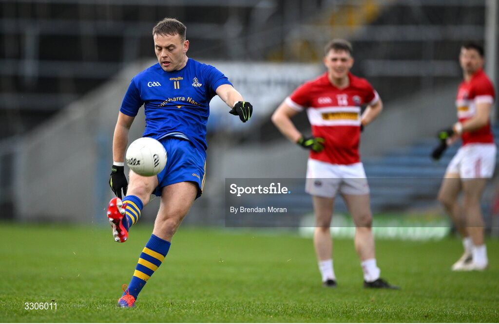 7 December 2025; Steven Sherlock of St Finbarr's kicks a two point score from a free during the AIB Munster GAA Football Senior Club Championship final match between Dingle and St Finbarr's at FBD Semple Stadium in Thurles, Tipperary. Photo by Brendan Moran/Sportsfile