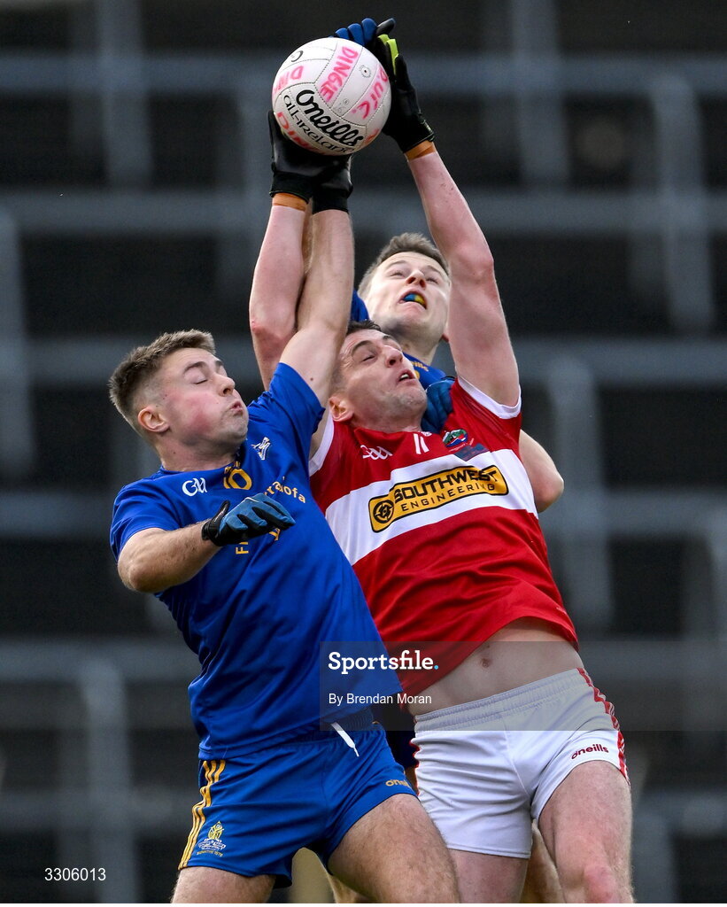 7 December 2025; Paul Geaney of Dingle contests a kickout with William Buckley, left, and Billy Hennessy of St Finbarr's during the AIB Munster GAA Football Senior Club Championship final match between Dingle and St Finbarr's at FBD Semple Stadium in Thurles, Tipperary. Photo by Brendan Moran/Sportsfile