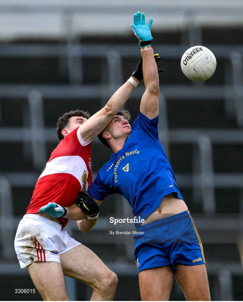 7 December 2025; Mark O'Connor of Dingle, left, and Brian Hayes of St Finbarr's contest a kickout during the AIB Munster GAA Football Senior Club Championship final match between Dingle and St Finbarr's at FBD Semple Stadium in Thurles, Tipperary. Photo by Brendan Moran/Sportsfile