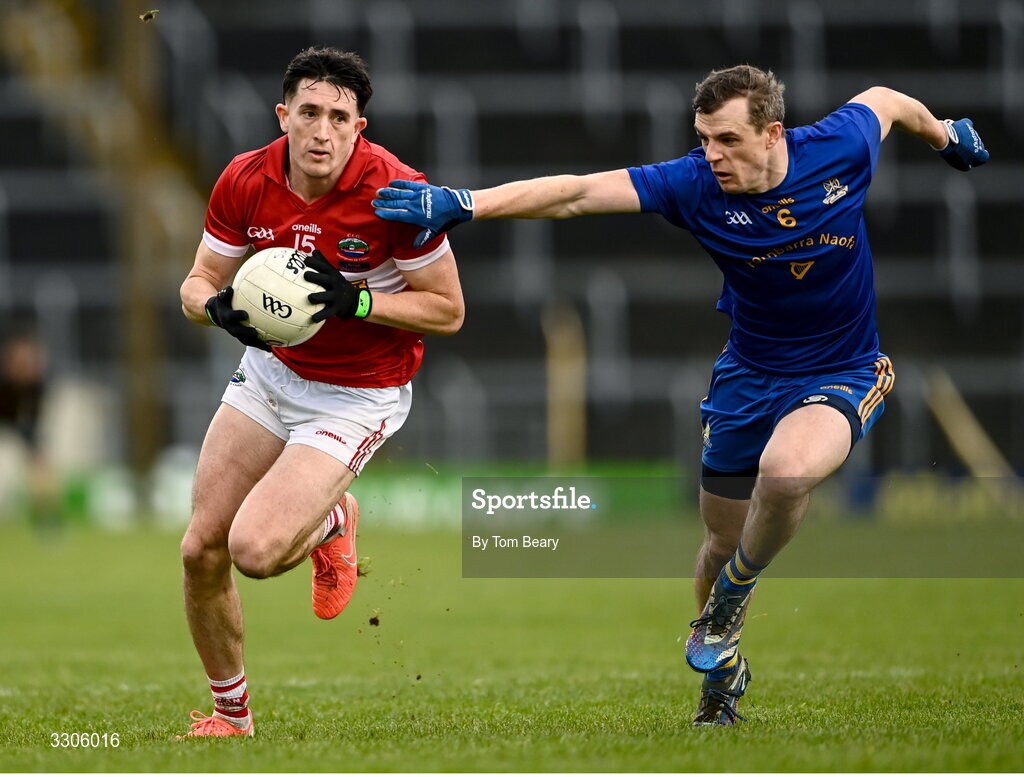 7 December 2025; Niall Geaney of Dingle is tackled by Alan O'Connor of St Finbarr's during the AIB Munster GAA Football Senior Club Championship final match between Dingle and St Finbarr's at FBD Semple Stadium in Thurles, Tipperary. Photo by Tom Beary/Sportsfile