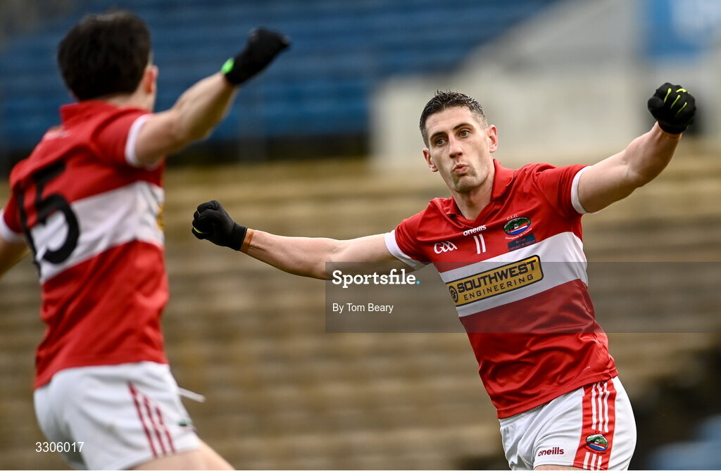 7 December 2025; Paul Geaney of Dingle celebrates after scoring his side's first goal with teammate Niall Geaney during the AIB Munster GAA Football Senior Club Championship final match between Dingle and St Finbarr's at FBD Semple Stadium in Thurles, Tipperary. Photo by Tom Beary/Sportsfile