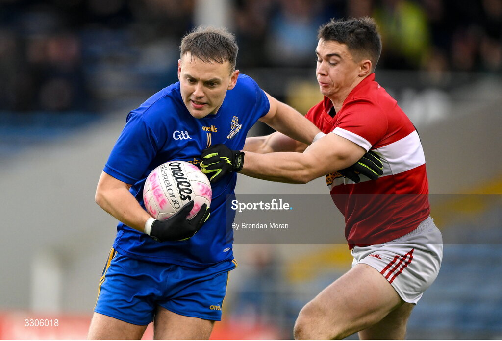 7 December 2025; Steven Sherlock of St Finbarr's is tackled by Conor Flannery of Dingle during the AIB Munster GAA Football Senior Club Championship final match between Dingle and St Finbarr's at FBD Semple Stadium in Thurles, Tipperary. Photo by Brendan Moran/Sportsfile