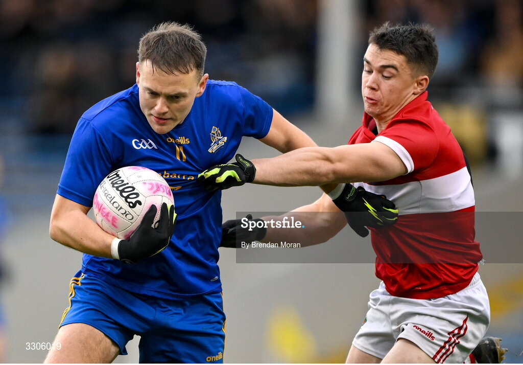 7 December 2025; Steven Sherlock of St Finbarr's is tackled by Conor Flannery of Dingle during the AIB Munster GAA Football Senior Club Championship final match between Dingle and St Finbarr's at FBD Semple Stadium in Thurles, Tipperary. Photo by Brendan Moran/Sportsfile