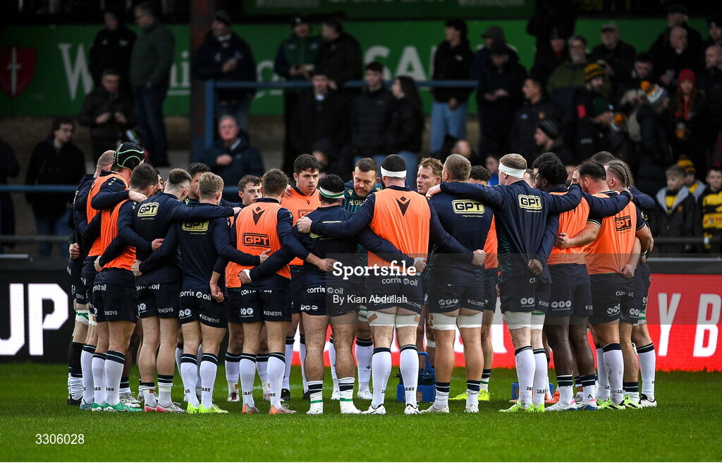 7 December 2025; Connacht players during the warm up before the EPCR Challenge Cup match between Ospreys and Connacht at Dunraven Brewery Field in Bridgend, Wales. Photo by Kian Abdullah/Sportsfile