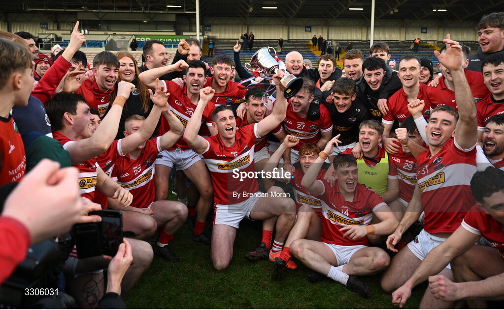 7 December 2025; Dingle captain Paul Geaney and teammates celebrate with the cup after the AIB Munster GAA Football Senior Club Championship final match between Dingle and St Finbarr's at FBD Semple Stadium in Thurles, Tipperary. Photo by Brendan Moran/Sportsfile