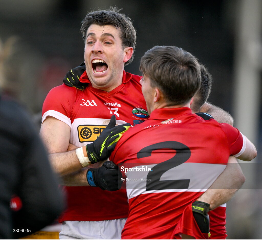 7 December 2025; Conor Geaney of Dingle celebrates with teammates after kicking a two point score to win the game in injury time in the AIB Munster GAA Football Senior Club Championship final match between Dingle and St Finbarr's at FBD Semple Stadium in Thurles, Tipperary. Photo by Brendan Moran/Sportsfile