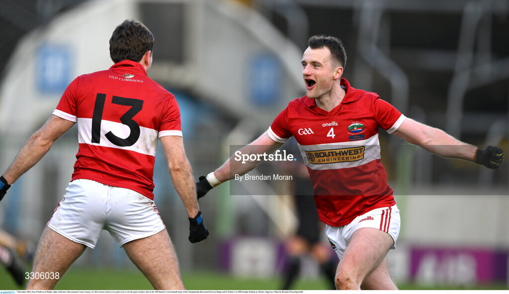 7 December 2025; Tom O'Sullivan of Dingle, right, celebrates with teammate Conor Geaney, 13, after Geaney kicked a two point score to win the game in injury time in the AIB Munster GAA Football Senior Club Championship final match between Dingle and St Finbarr's at FBD Semple Stadium in Thurles, Tipperary. Photo by Brendan Moran/Sportsfile