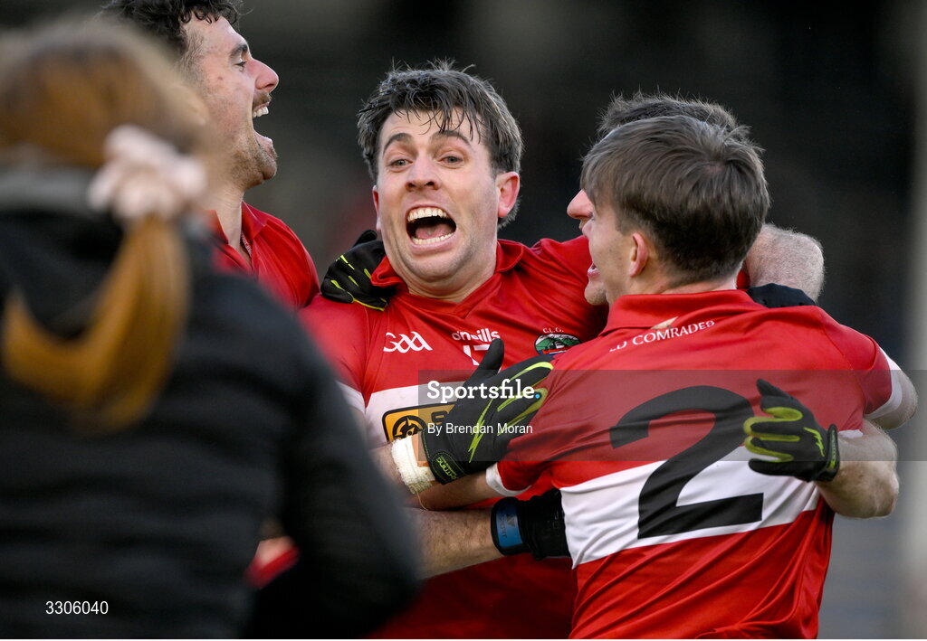 7 December 2025; Conor Geaney of Dingle, centre, celebrates with teammates after kicking a two point score to win the game in injury time in the AIB Munster GAA Football Senior Club Championship final match between Dingle and St Finbarr's at FBD Semple Stadium in Thurles, Tipperary. Photo by Brendan Moran/Sportsfile