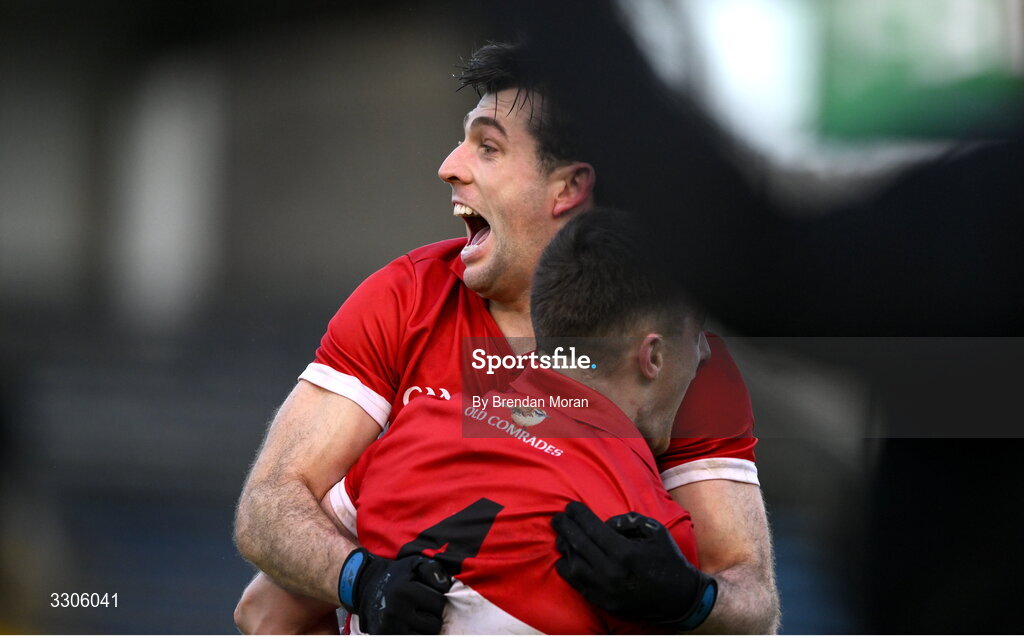 7 December 2025; Conor Geaney of Dingle celebrates with teammate Tom O'Sullivan after kicking a two point score to win the game in injury time in the AIB Munster GAA Football Senior Club Championship final match between Dingle and St Finbarr's at FBD Semple Stadium in Thurles, Tipperary. Photo by Brendan Moran/Sportsfile