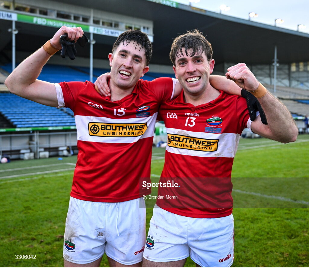 7 December 2025; Conor Geaney, right, and Niall Geaney of Dingle celebrate after the AIB Munster GAA Football Senior Club Championship final match between Dingle and St Finbarr's at FBD Semple Stadium in Thurles, Tipperary. Photo by Brendan Moran/Sportsfile