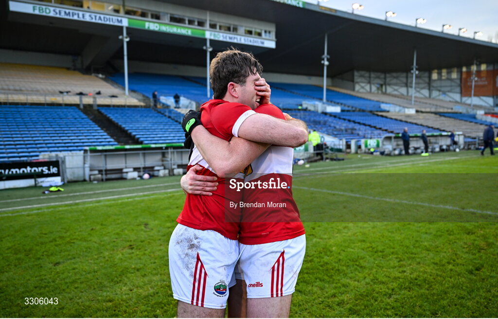 7 December 2025; Conor Geaney, left, and Niall Geaney of Dingle celebrate after the AIB Munster GAA Football Senior Club Championship final match between Dingle and St Finbarr's at FBD Semple Stadium in Thurles, Tipperary. Photo by Brendan Moran/Sportsfile