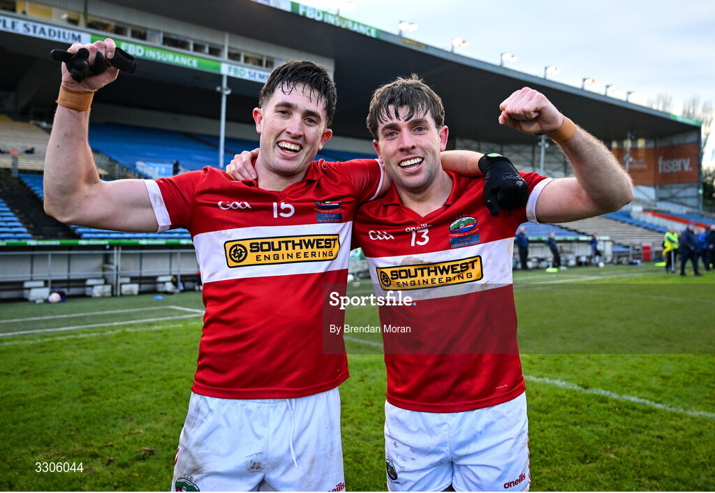 7 December 2025; Conor Geaney, right, and Niall Geaney of Dingle celebrate after the AIB Munster GAA Football Senior Club Championship final match between Dingle and St Finbarr's at FBD Semple Stadium in Thurles, Tipperary. Photo by Brendan Moran/Sportsfile