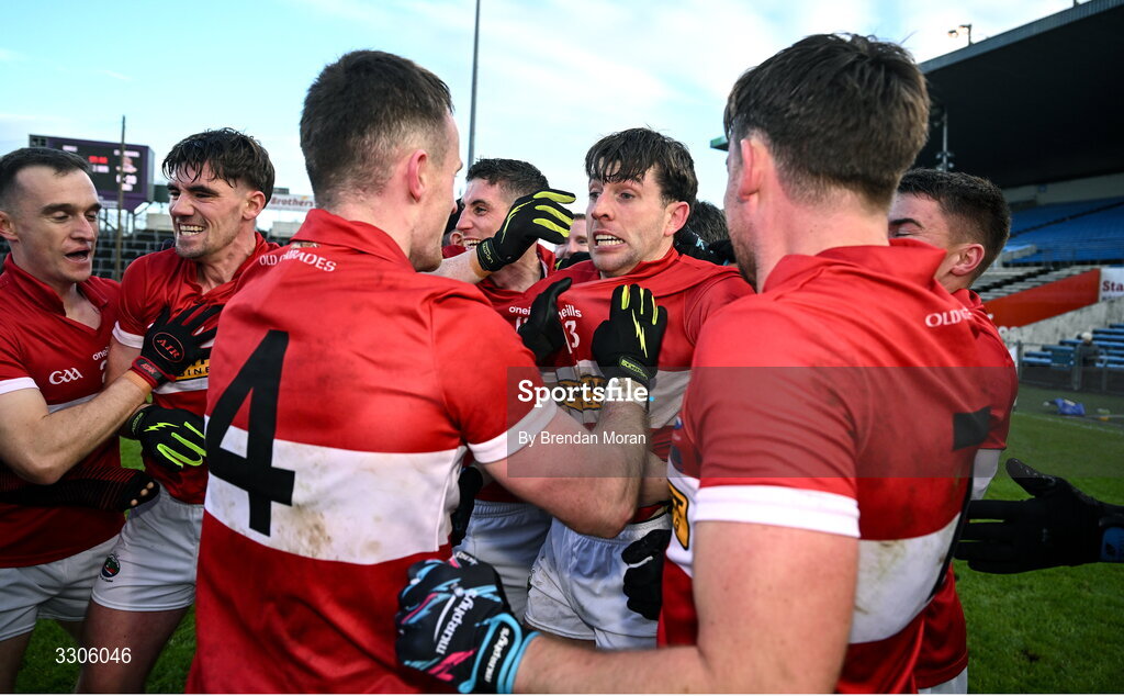 7 December 2025; Conor Geaney of Dingle, centre, celebrates with teammates after kicking a two point score to win the AIB Munster GAA Football Senior Club Championship final match between Dingle and St Finbarr's at FBD Semple Stadium in Thurles, Tipperary. Photo by Brendan Moran/Sportsfile