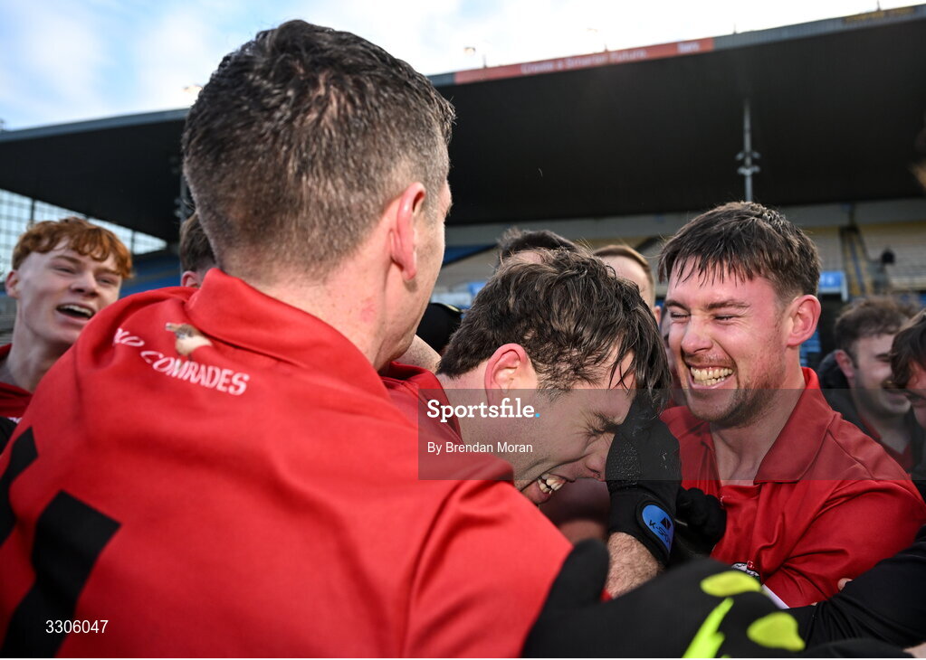 7 December 2025; Conor Geaney of Dingle, centre, celebrates with teammates after kicking a two point score to win the AIB Munster GAA Football Senior Club Championship final match between Dingle and St Finbarr's at FBD Semple Stadium in Thurles, Tipperary. Photo by Brendan Moran/Sportsfile