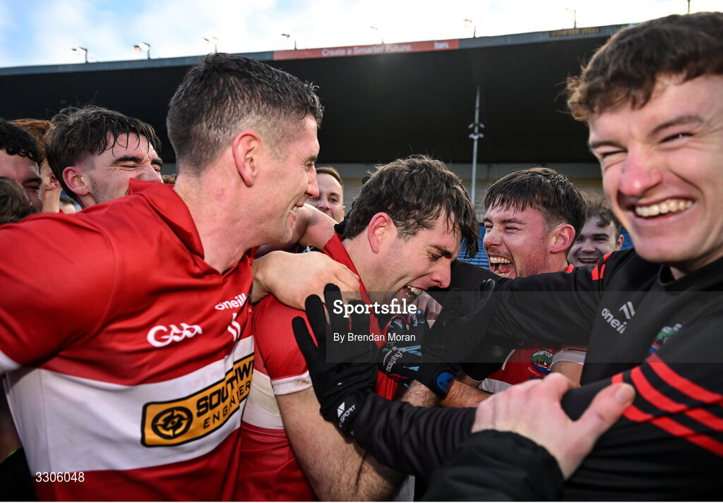 7 December 2025; Conor Geaney of Dingle, centre, celebrates with teammates after kicking a two point score to win the AIB Munster GAA Football Senior Club Championship final match between Dingle and St Finbarr's at FBD Semple Stadium in Thurles, Tipperary. Photo by Brendan Moran/Sportsfile