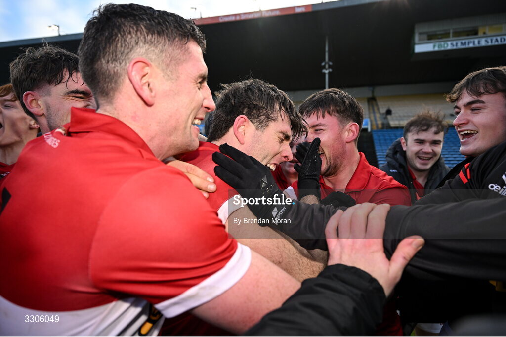 7 December 2025; Conor Geaney of Dingle, centre, celebrates with teammates after kicking a two point score to win the AIB Munster GAA Football Senior Club Championship final match between Dingle and St Finbarr's at FBD Semple Stadium in Thurles, Tipperary. Photo by Brendan Moran/Sportsfile
