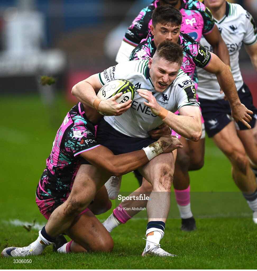 7 December 2025; Finn Treacy of Connacht is tackled by Phil Cokanasiga of Ospreys during the EPCR Challenge Cup match between Ospreys and Connacht at Dunraven Brewery Field in Bridgend, Wales. Photo by Kian Abdullah/Sportsfile