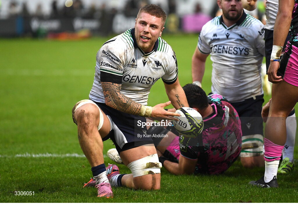 7 December 2025; Sean Jansen of Connacht celebrates after scoring his side's second try during the EPCR Challenge Cup match between Ospreys and Connacht at Dunraven Brewery Field in Bridgend, Wales. Photo by Kian Abdullah/Sportsfile