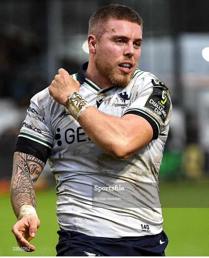 7 December 2025; Sean Jansen of Connacht celebrates after scoring his side's second try during the EPCR Challenge Cup match between Ospreys and Connacht at Dunraven Brewery Field in Bridgend, Wales. Photo by Kian Abdullah/Sportsfile