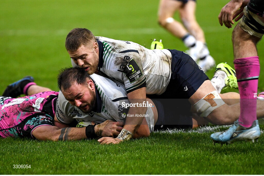 7 December 2025; Jack Aungier of Connacht, aided by teammate Sean Jansen, scores his side's third try during the EPCR Challenge Cup match between Ospreys and Connacht at Dunraven Brewery Field in Bridgend, Wales. Photo by Kian Abdullah/Sportsfile