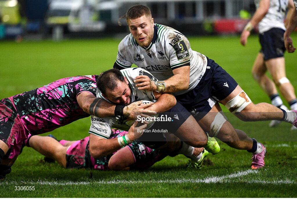 7 December 2025; Jack Aungier of Connacht, aided by teammate Sean Jansen, scores his side's third try during the EPCR Challenge Cup match between Ospreys and Connacht at Dunraven Brewery Field in Bridgend, Wales. Photo by Kian Abdullah/Sportsfile