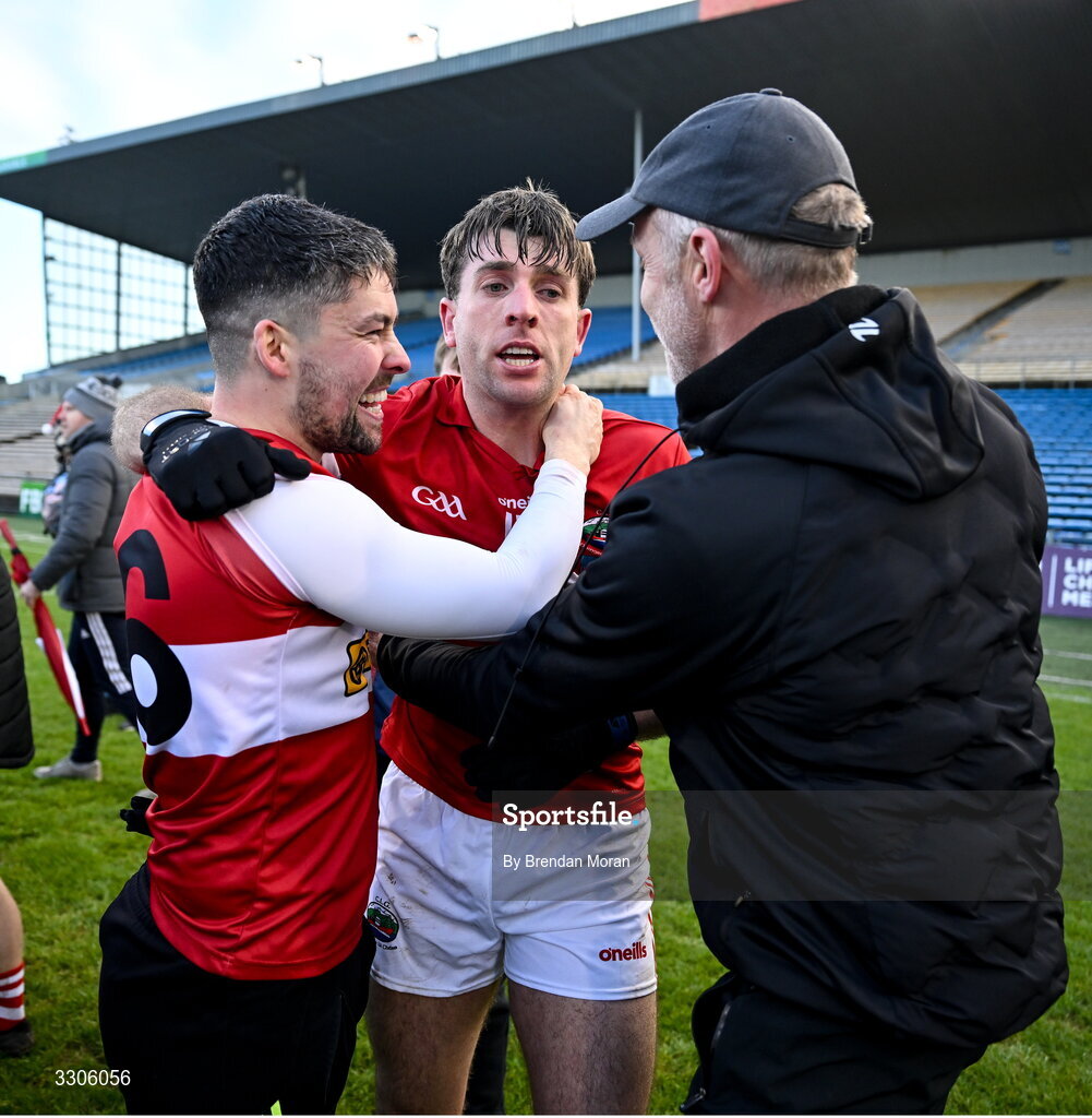 7 December 2025; Conor Geaney of Dingle, centre, celebrates with selector Tommy Griffin, right, after the AIB Munster GAA Football Senior Club Championship final match between Dingle and St Finbarr's at FBD Semple Stadium in Thurles, Tipperary. Photo by Brendan Moran/Sportsfile