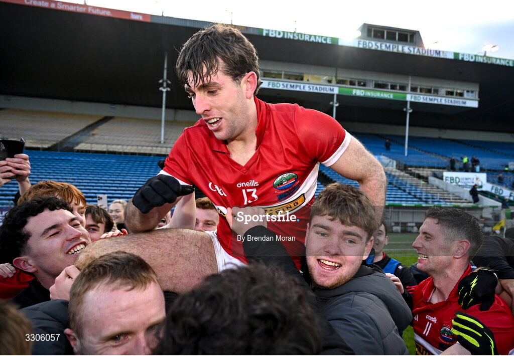 7 December 2025; Conor Geaney of Dingle, top, celebrates with teammates after kicking a two point score to win the AIB Munster GAA Football Senior Club Championship final match between Dingle and St Finbarr's at FBD Semple Stadium in Thurles, Tipperary. Photo by Brendan Moran/Sportsfile
