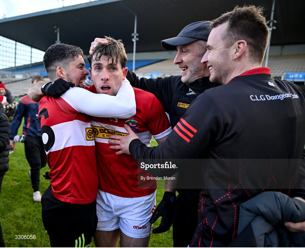 7 December 2025; Conor Geaney of Dingle, centre, celebrates after the AIB Munster GAA Football Senior Club Championship final match between Dingle and St Finbarr's at FBD Semple Stadium in Thurles, Tipperary. Photo by Brendan Moran/Sportsfile