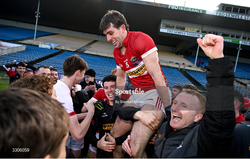 7 December 2025; Conor Geaney of Dingle, top, celebrates with teammates after kicking a two point score to win the AIB Munster GAA Football Senior Club Championship final match between Dingle and St Finbarr's at FBD Semple Stadium in Thurles, Tipperary. Photo by Brendan Moran/Sportsfile