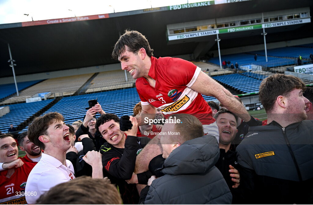 7 December 2025; Conor Geaney of Dingle, top, celebrates with teammates after kicking a two point score to win the AIB Munster GAA Football Senior Club Championship final match between Dingle and St Finbarr's at FBD Semple Stadium in Thurles, Tipperary. Photo by Brendan Moran/Sportsfile