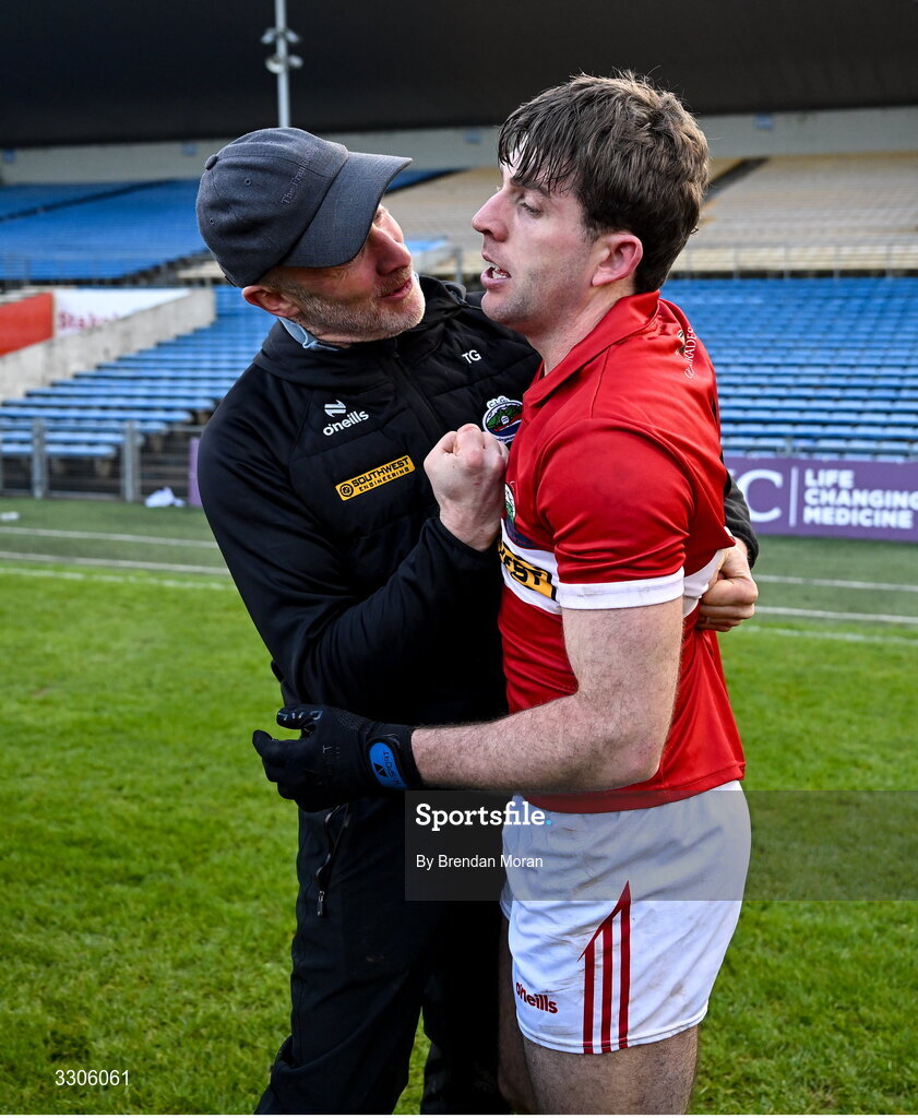 7 December 2025; Conor Geaney of Dingle, right, celebrates with selector Tommy Griffin after the AIB Munster GAA Football Senior Club Championship final match between Dingle and St Finbarr's at FBD Semple Stadium in Thurles, Tipperary. Photo by Brendan Moran/Sportsfile