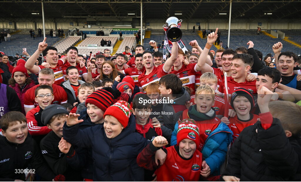 7 December 2025; Dingle captain Paul Geaney and teammates celebrate with the cup after the AIB Munster GAA Football Senior Club Championship final match between Dingle and St Finbarr's at FBD Semple Stadium in Thurles, Tipperary. Photo by Brendan Moran/Sportsfile