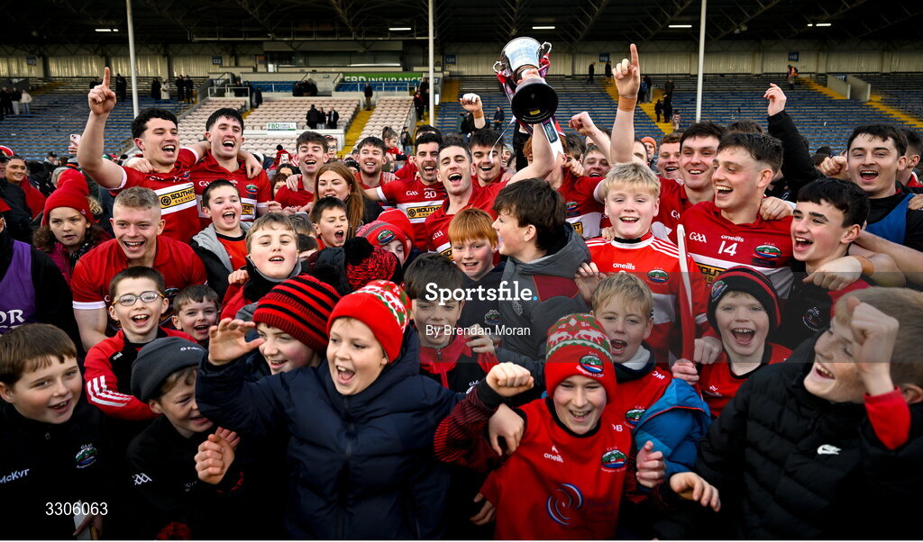 7 December 2025; Dingle captain Paul Geaney and teammates celebrate with the cup after the AIB Munster GAA Football Senior Club Championship final match between Dingle and St Finbarr's at FBD Semple Stadium in Thurles, Tipperary. Photo by Brendan Moran/Sportsfile