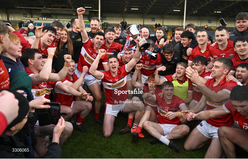 7 December 2025; Dingle captain Paul Geaney and teammates celebrate with the cup after the AIB Munster GAA Football Senior Club Championship final match between Dingle and St Finbarr's at FBD Semple Stadium in Thurles, Tipperary. Photo by Brendan Moran/Sportsfile
