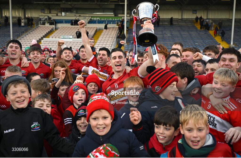 7 December 2025; Dingle captain Paul Geaney and teammates celebrate with the cup after the AIB Munster GAA Football Senior Club Championship final match between Dingle and St Finbarr's at FBD Semple Stadium in Thurles, Tipperary. Photo by Brendan Moran/Sportsfile