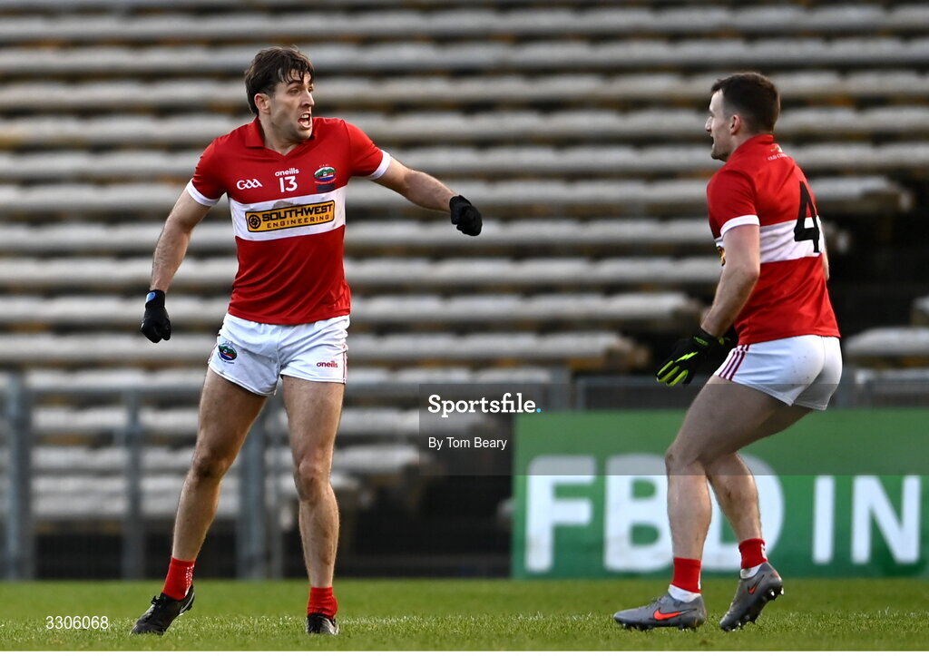 7 December 2025; Conor Geaney of Dingle, left, celebrates with teammate Tom O'Sullivan after kicking the winning two point score during the AIB Munster GAA Football Senior Club Championship final match between Dingle and St Finbarr's at FBD Semple Stadium in Thurles, Tipperary. Photo by Tom Beary/Sportsfile