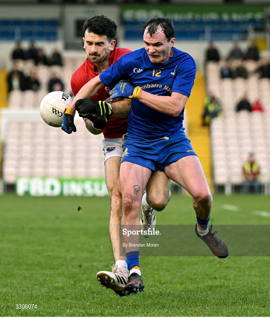 7 December 2025; Mark O'Connor of Dingle is tackled by Conor Dennehy of St Finbarr's during the AIB Munster GAA Football Senior Club Championship final match between Dingle and St Finbarr's at FBD Semple Stadium in Thurles, Tipperary. Photo by Brendan Moran/Sportsfile