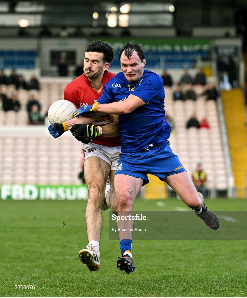 7 December 2025; Mark O'Connor of Dingle is tackled by Conor Dennehy of St Finbarr's during the AIB Munster GAA Football Senior Club Championship final match between Dingle and St Finbarr's at FBD Semple Stadium in Thurles, Tipperary. Photo by Brendan Moran/Sportsfile