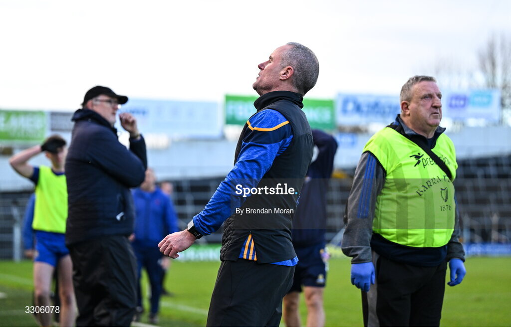 7 December 2025; St Finbarr's manager Brian Roche reacts after his side conceded a late free kick during the AIB Munster GAA Football Senior Club Championship final match between Dingle and St Finbarr's at FBD Semple Stadium in Thurles, Tipperary. Photo by Brendan Moran/Sportsfile