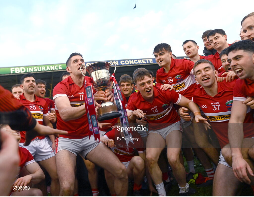 7 December 2025; Dingle captain Paul Geaney and teammates celebrate with the cup after the AIB Munster GAA Football Senior Club Championship final match between Dingle and St Finbarr's at FBD Semple Stadium in Thurles, Tipperary. Photo by Tom Beary/Sportsfile