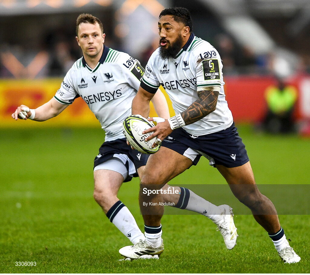 7 December 2025; Bundee Aki of Connacht during the EPCR Challenge Cup match between Ospreys and Connacht at Dunraven Brewery Field in Bridgend, Wales. Photo by Kian Abdullah/Sportsfie